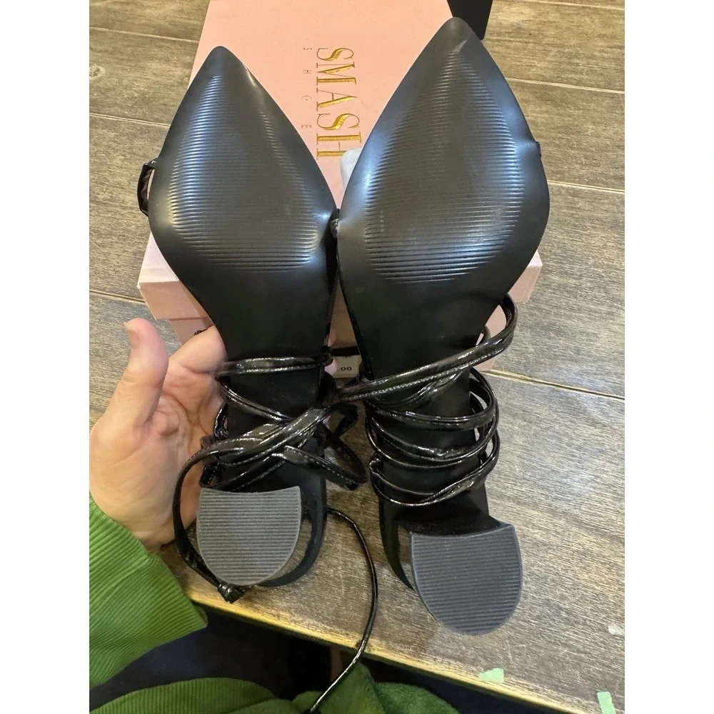 Smash Black Onyx Pointed Toe Heeled Sandals Size 14 Wrap Ankle‎